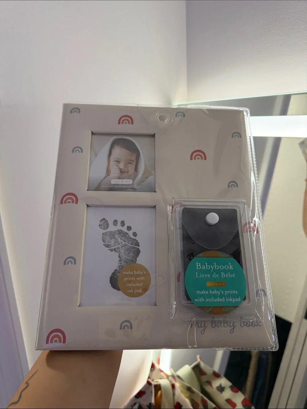 Babybook Keepsake Frame with Ink Pad - Cream with Red & Blue Rainbows